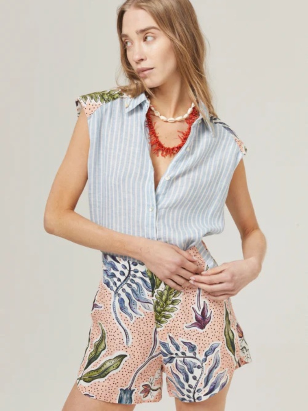 Lanhtropy Marrakech Moon 100% Linen Botanical Floral Print Shorts Pink Peach: S